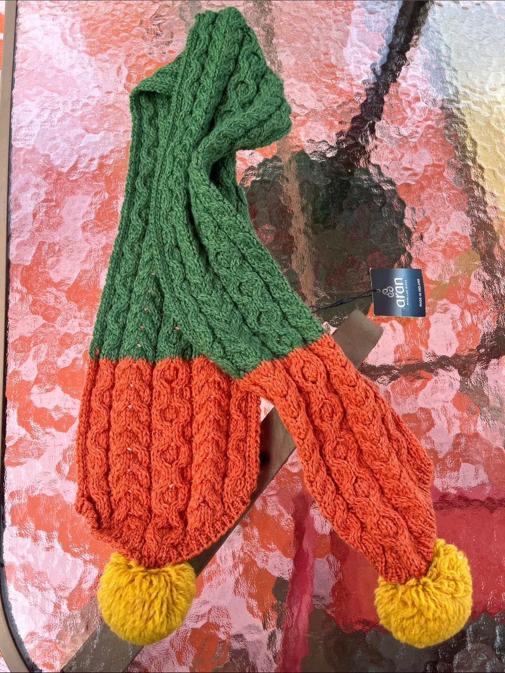 Aran Crafts Green and Orange Cable Knit Scarf with Yellow Pom Poms NWT